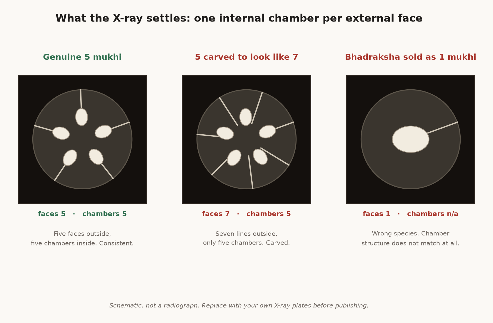 Schematic X-ray diagram showing internal chamber counts matching external face counts on genuine and carved Rudraksha beads.