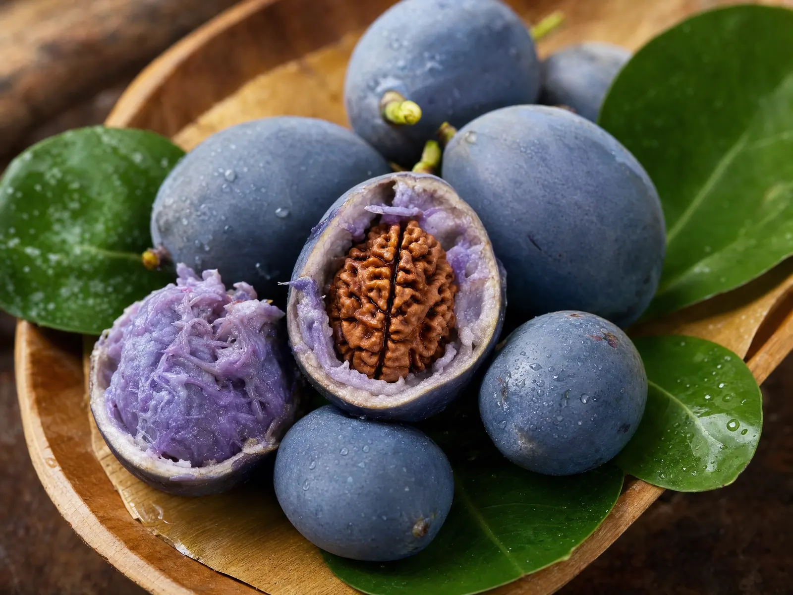 Rudraksha fruit cut open to show the ridged seed inside the blue husk